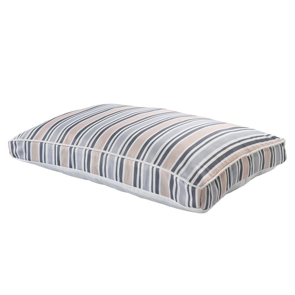 24" X 36" Gray Tan And White Striped Pillow Style Pet Bed With Removable Cover. Dog bed isolated on a plain white background, showing a white fabric surface.
