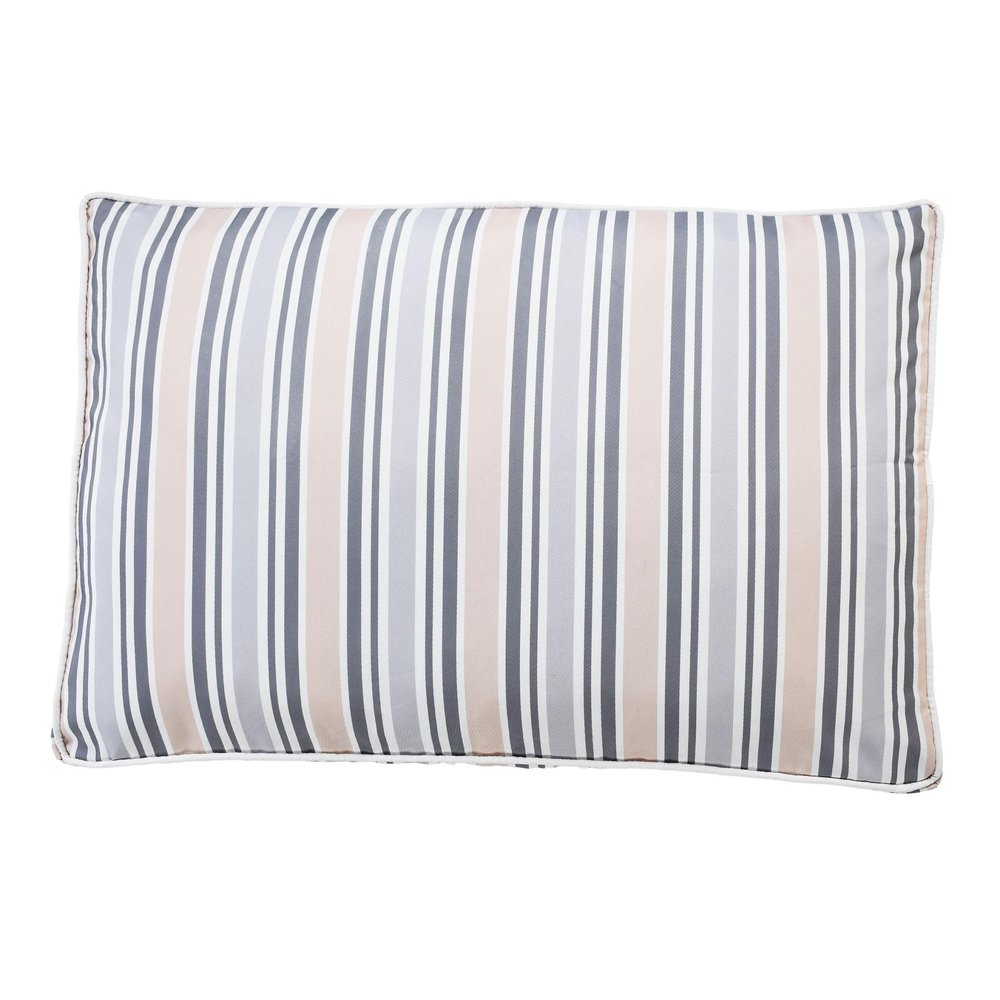 24" X 36" Gray Tan And White Striped Pillow Style Pet Bed With Removable Cover. Dog bed isolated on a plain white background, in a white fabric finish.