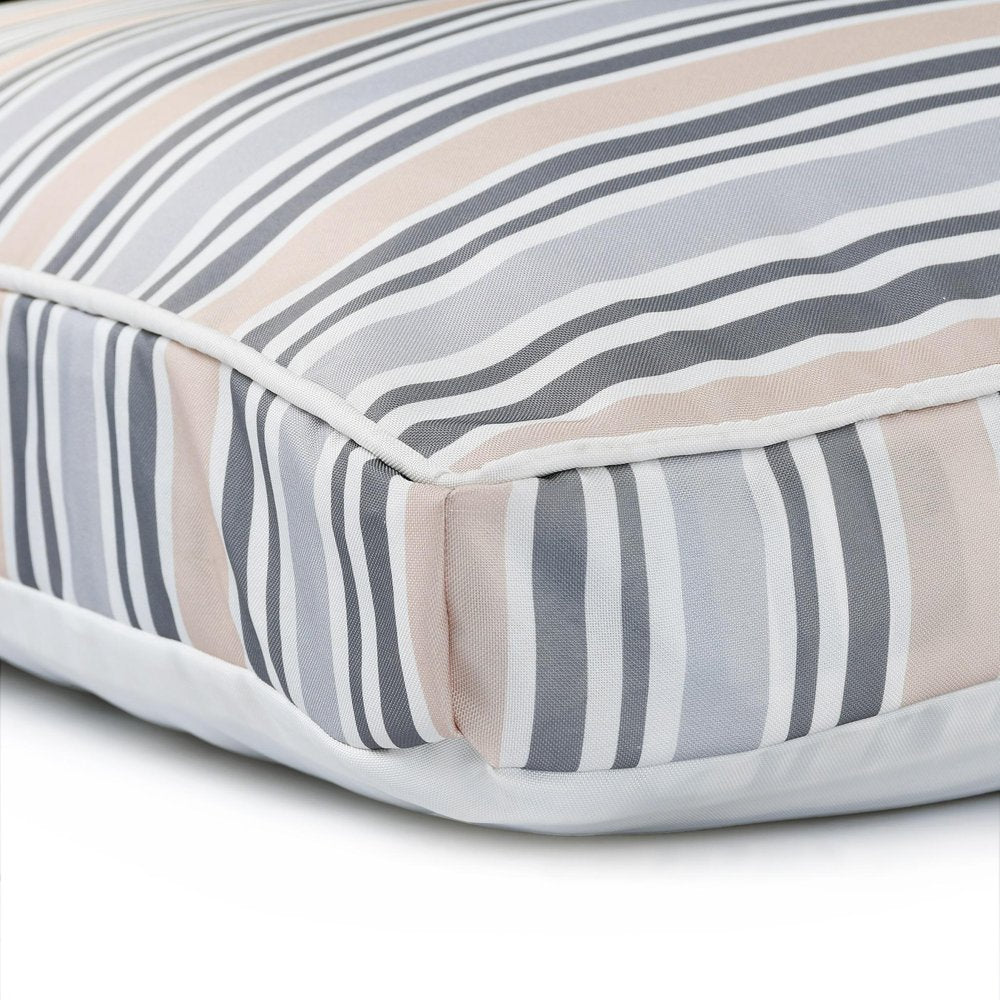24" X 36" Gray Tan And White Striped Pillow Style Pet Bed With Removable Cover. Dog bed isolated on a plain white background, showing a white fabric surface.