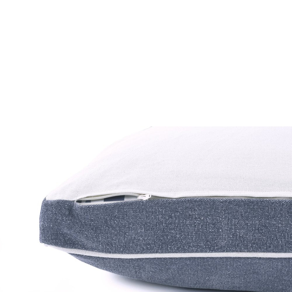 24" X 36" Stonewashed Blue Pillow Style Pet Bed With Removable Cover. Dog bed isolated on a plain white background, in a blue cotton finish.