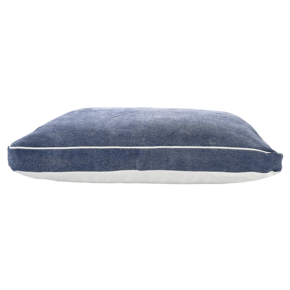 24" X 36" Stonewashed Blue Pillow Style Pet Bed With Removable Cover. Dog bed isolated on a plain white background, finished in blue cotton.