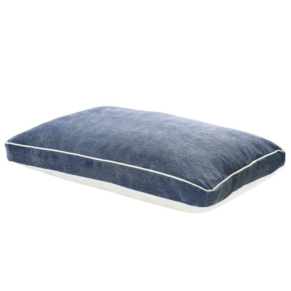 24" X 36" Stonewashed Blue Pillow Style Pet Bed With Removable Cover. Dog bed isolated on a plain white background, showing a blue cotton surface.