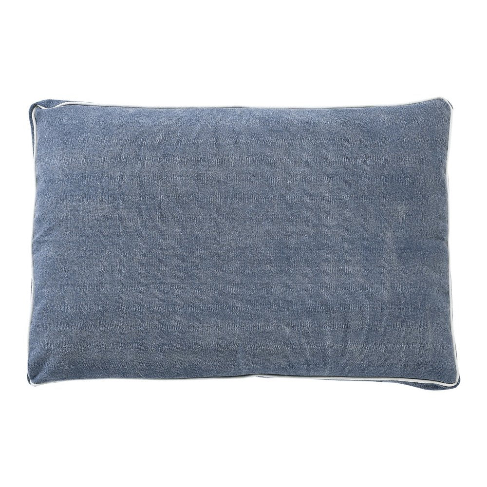 24" X 36" Stonewashed Blue Pillow Style Pet Bed With Removable Cover. Dog bed isolated on a plain white background, showing a blue cotton surface.