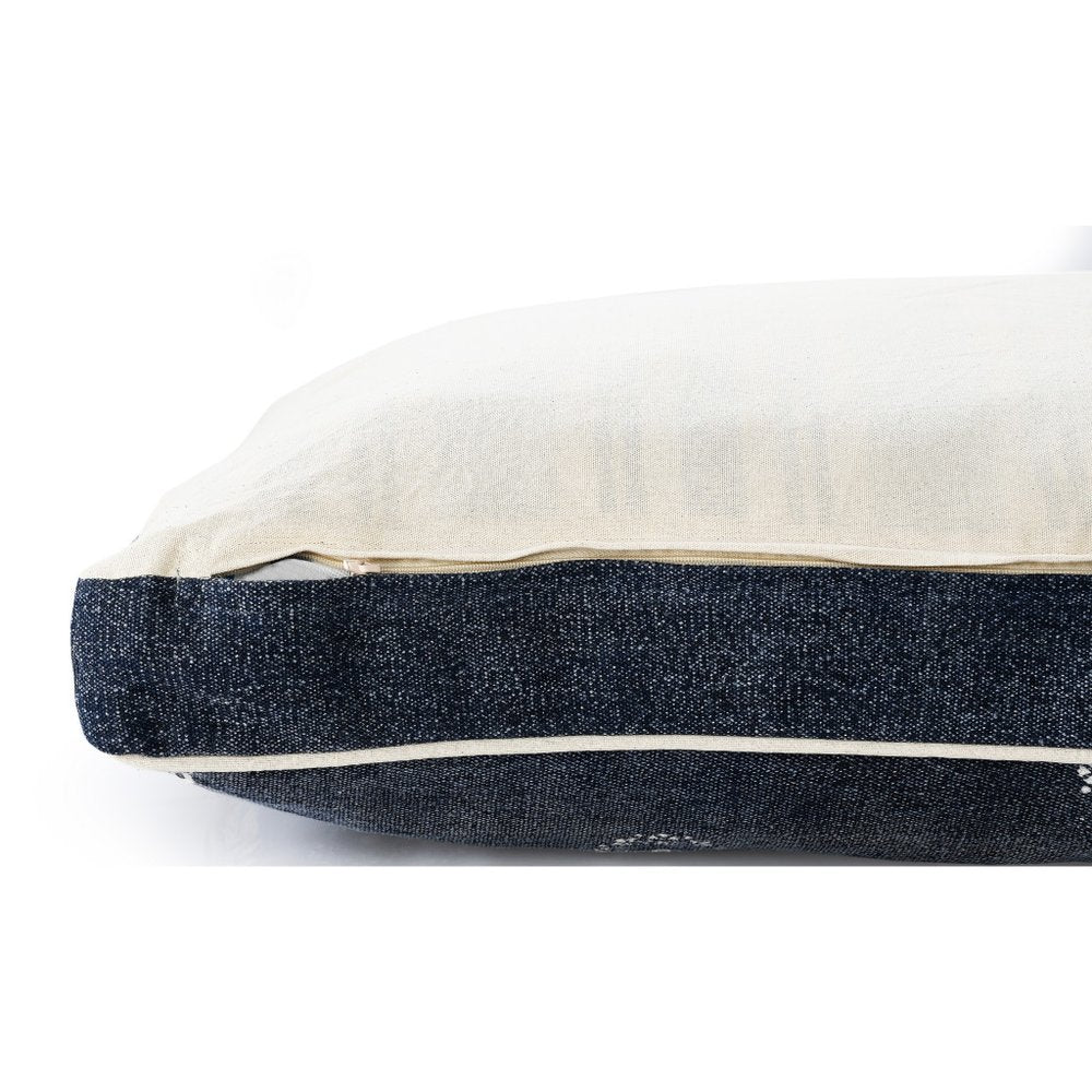 24" X 36" Stonewashed Blue Medallion Pillow Style Pet Bed With Removable Cover. Dog bed isolated on a plain white background, finished in blue cotton.