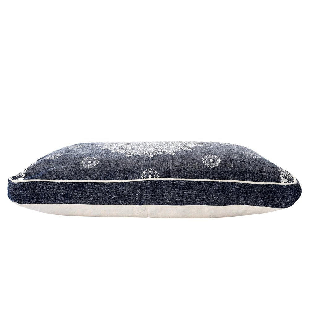 24" X 36" Stonewashed Blue Medallion Pillow Style Pet Bed With Removable Cover. Dog bed isolated on a plain white background, showing a cotton surface.