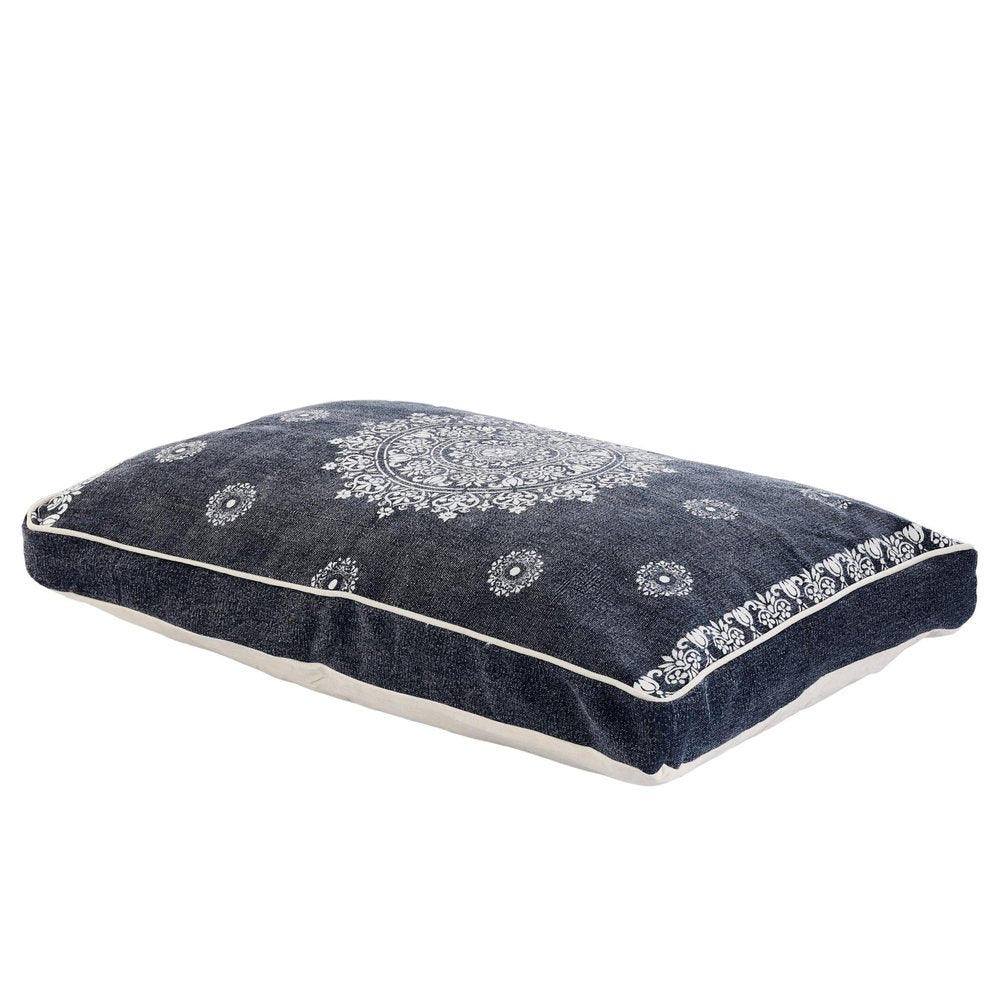 24" X 36" Stonewashed Blue Medallion Pillow Style Pet Bed With Removable Cover. Dog bed isolated on a plain white background, finished in blue cotton.