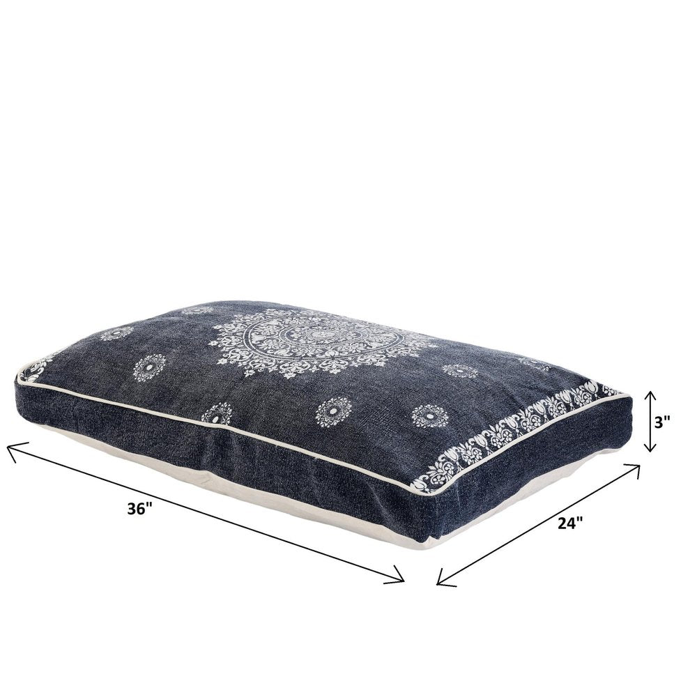 24" X 36" Stonewashed Blue Medallion Pillow Style Pet Bed With Removable Cover. Dog bed isolated on a plain white background, showing a cotton surface.