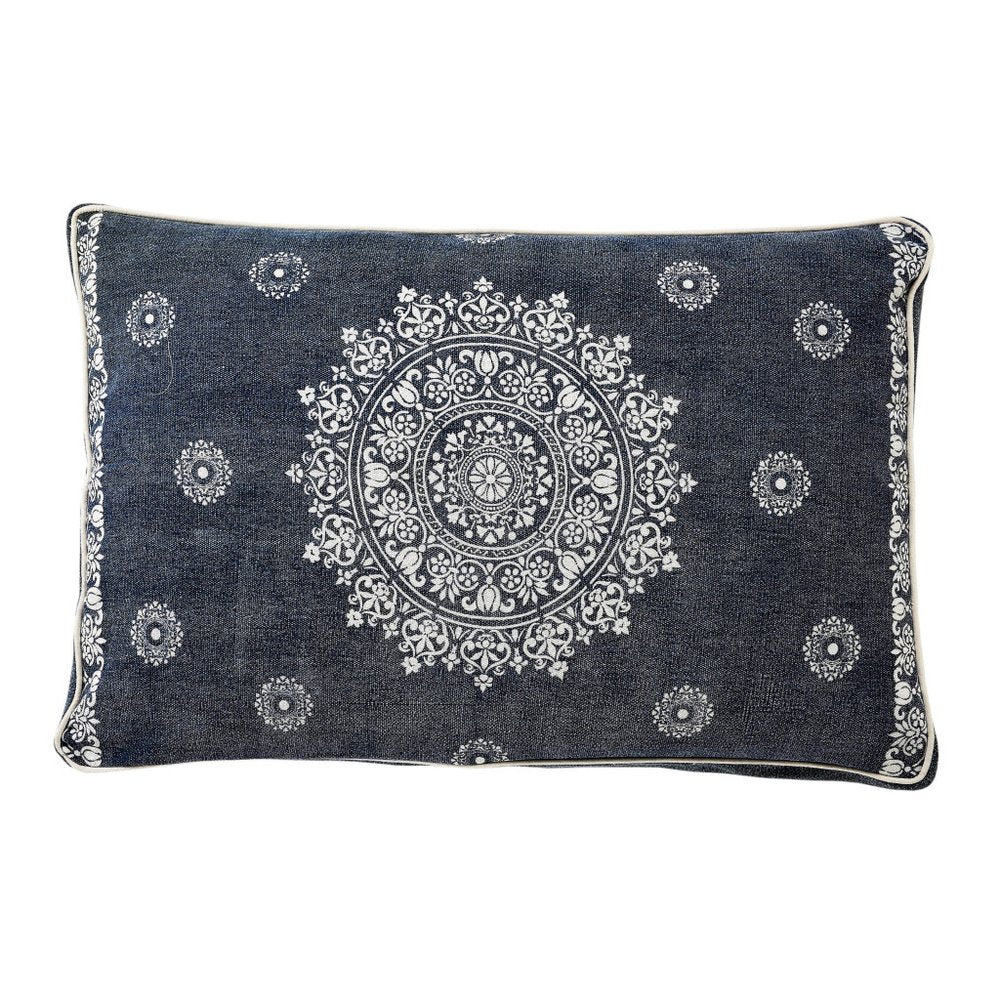 24" X 36" Stonewashed Blue Medallion Pillow Style Pet Bed With Removable Cover. Dog bed isolated on a plain white background, in a blue cotton finish.