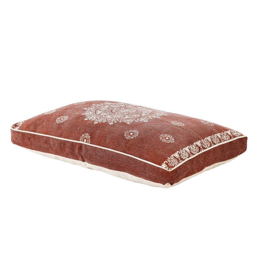 24" X 36" Stonewashed Blue Medallion Pillow Style Pet Bed With Removable Cover. Dog bed isolated on a plain white background, showing a cotton surface.