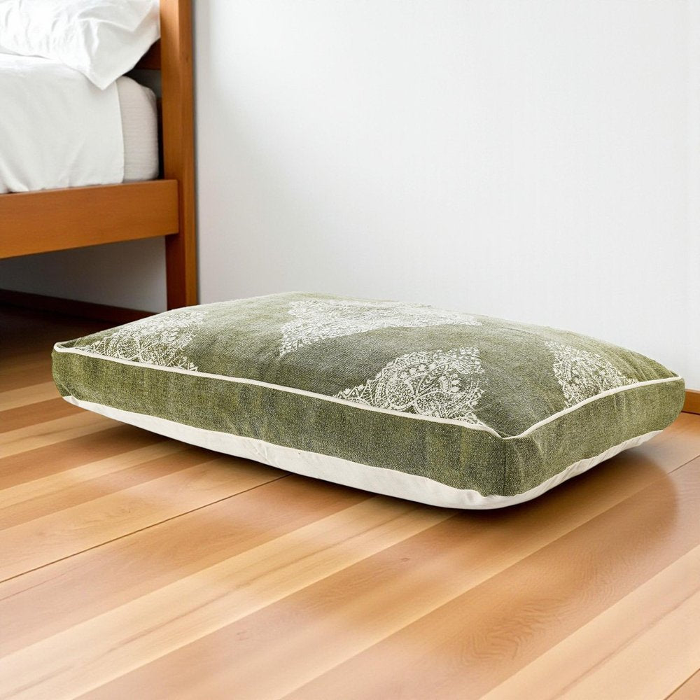 24" X 36" Stonewashed Sage Medallion Pillow Style Pet Bed With Removable Cover. Dog bed isolated on a plain white background, showing a cotton surface.