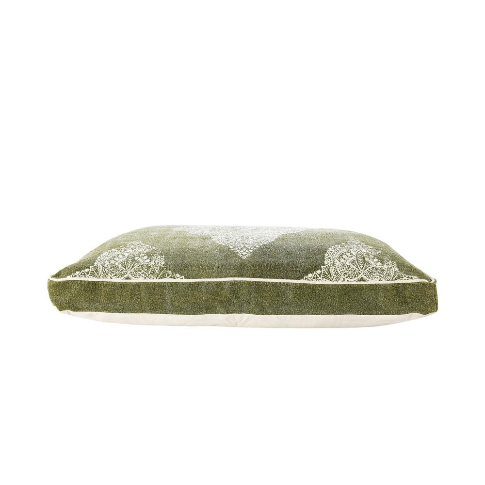 24" X 36" Stonewashed Sage Medallion Pillow Style Pet Bed With Removable Cover. Dog bed isolated on a plain white background, showing a cotton surface.