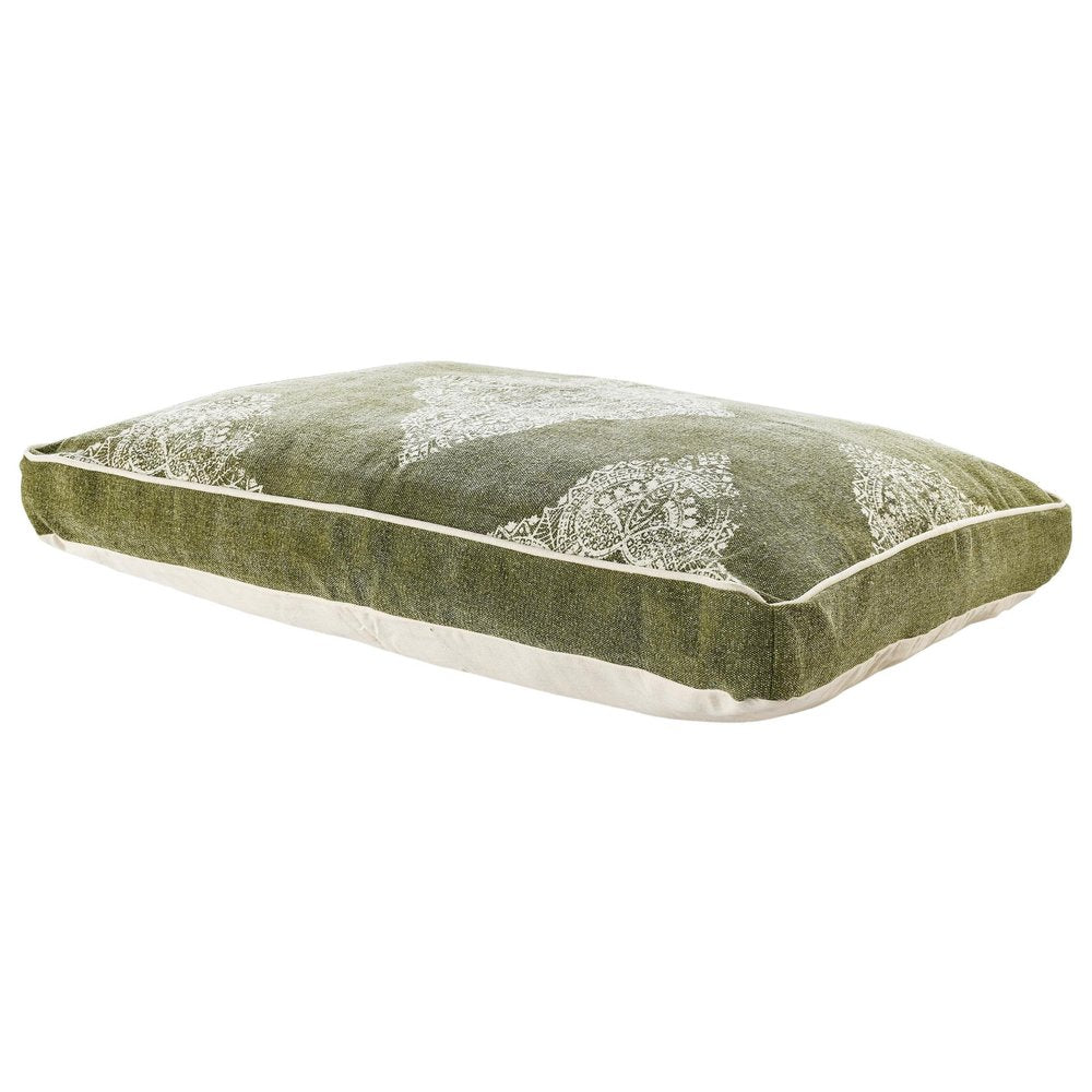 24" X 36" Stonewashed Sage Medallion Pillow Style Pet Bed With Removable Cover. Dog bed isolated on a plain white background, showing a cotton surface.