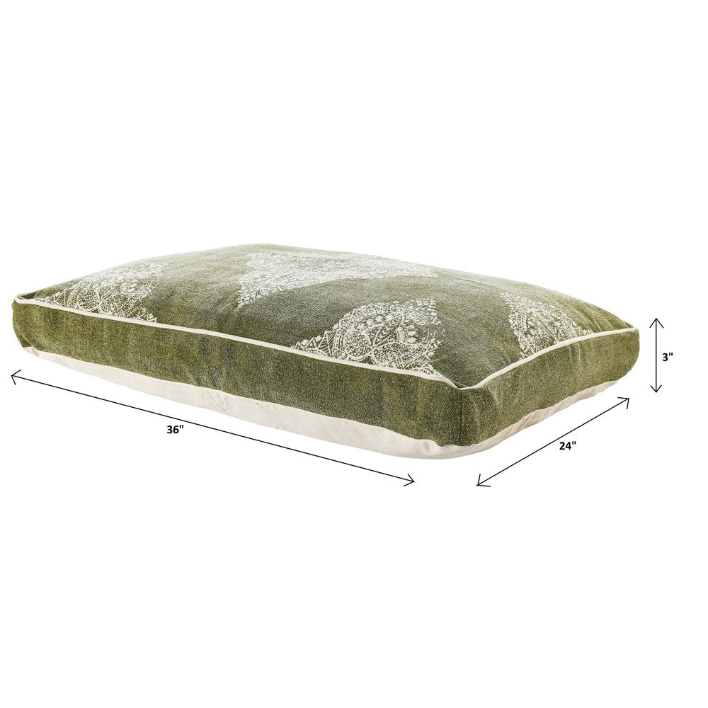 24" X 36" Stonewashed Sage Medallion Pillow Style Pet Bed With Removable Cover. Dog bed isolated on a plain white background, showing a cotton surface.