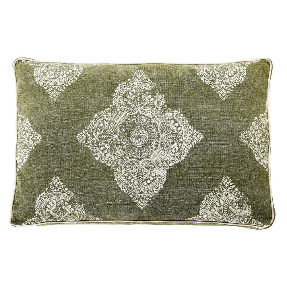 24" X 36" Stonewashed Sage Medallion Pillow Style Pet Bed With Removable Cover. Dog bed isolated on a plain white background, showing a cotton surface.