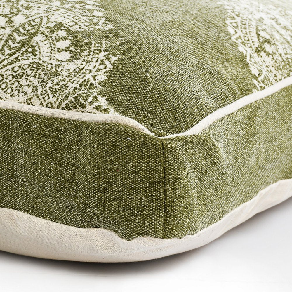 Close-up of 24" X 36" Stonewashed Sage Medallion Pillow Style Pet Bed With Removable Cover showing cotton detail.