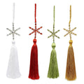Set of Four Handmade Gold Green Red And White Acrylic Tassel Ornament s on a white background