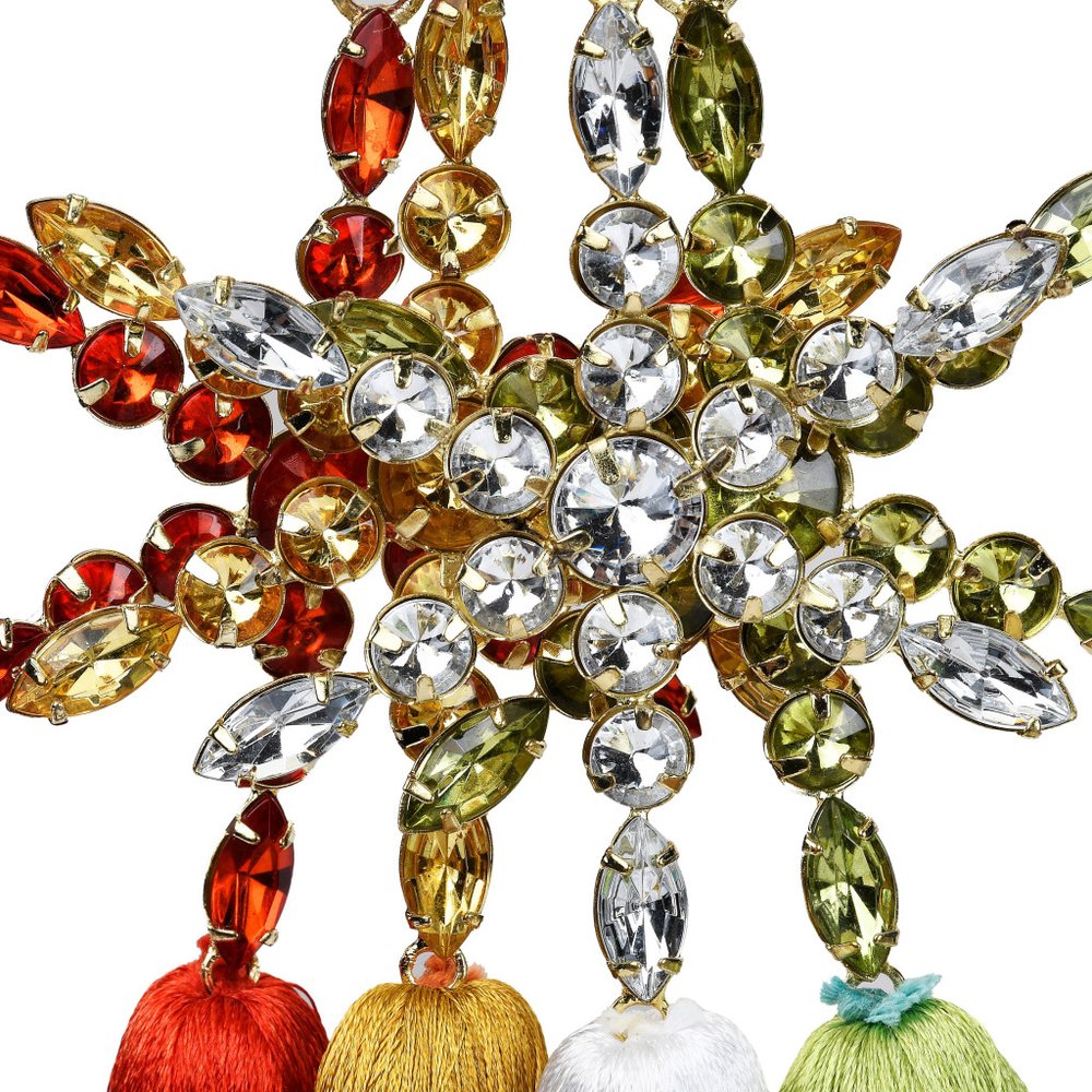 Set of Four Handmade Gold Green Red And White Acrylic Tassel Ornament s on a white background