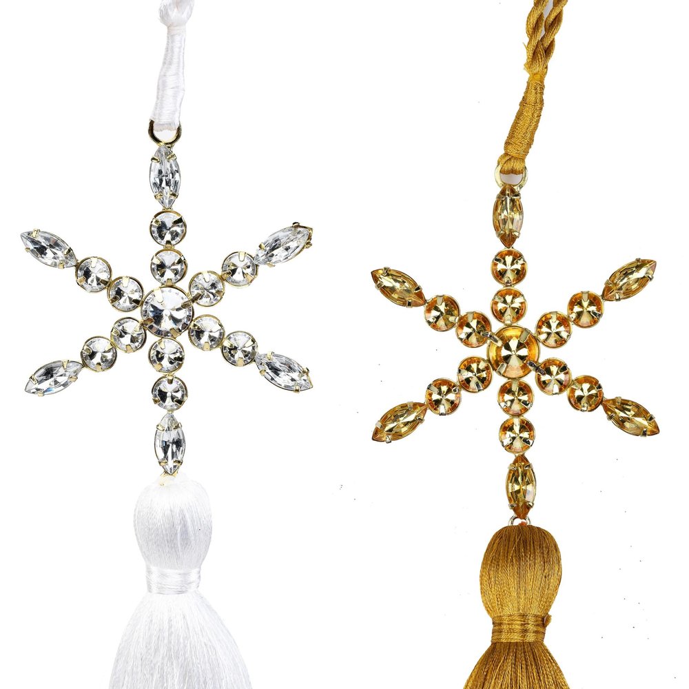 Set of Four Handmade Gold Green Red And White Acrylic Tassel Ornament s