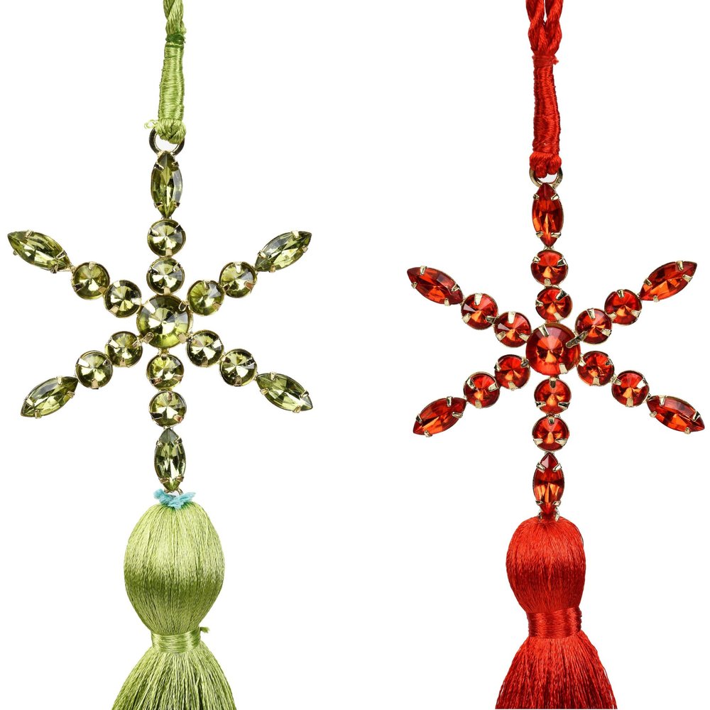Set of Four Handmade Gold Green Red And White Acrylic Tassel Ornament s on a white background