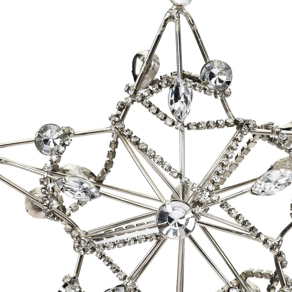 Set of Four Gold And Silver Handmade Faux Crystal And Metal Hanging Star Ornaments on a white background