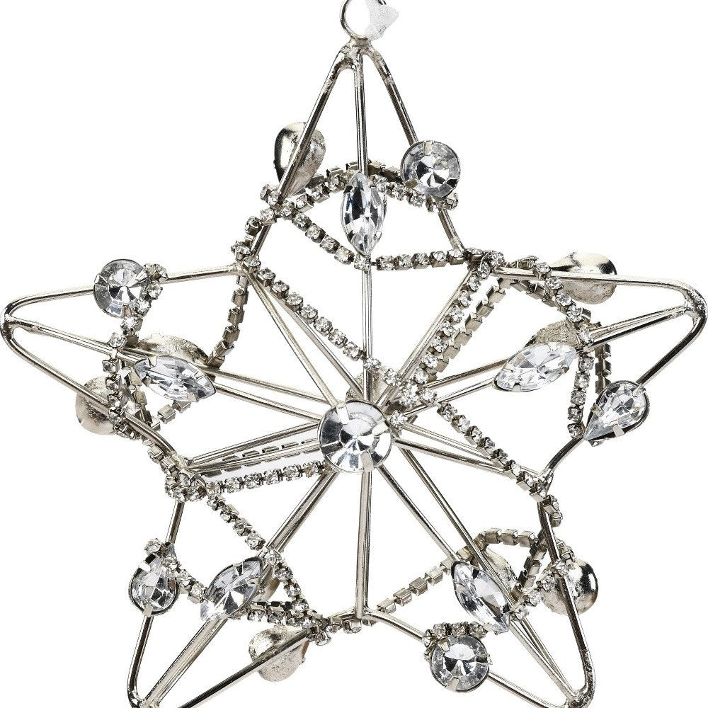 Set of Four Gold And Silver Handmade Faux Crystal And Metal Hanging Star Ornaments on a white background