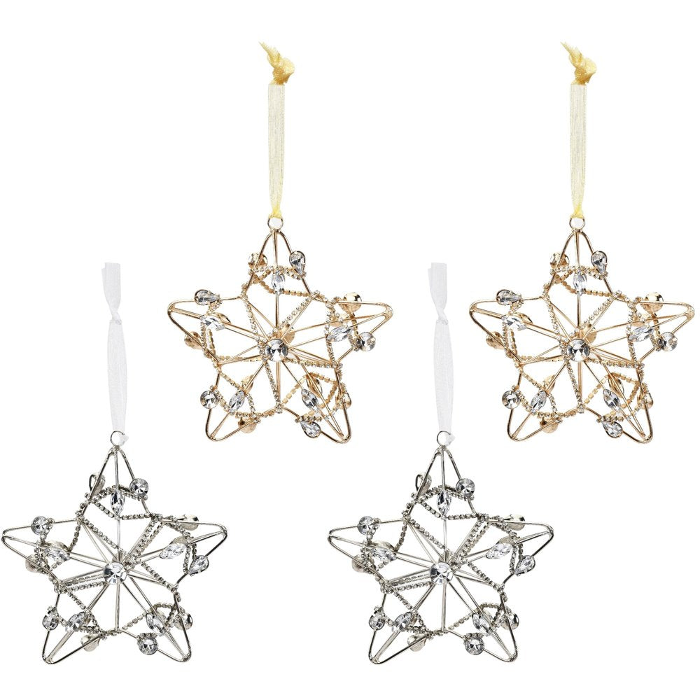 Set of Four Gold And Silver Handmade Faux Crystal And Metal Hanging Star Ornaments on a white background