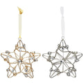 Set of Four Gold And Silver Handmade Faux Crystal And Metal Hanging Star Ornaments on a white background