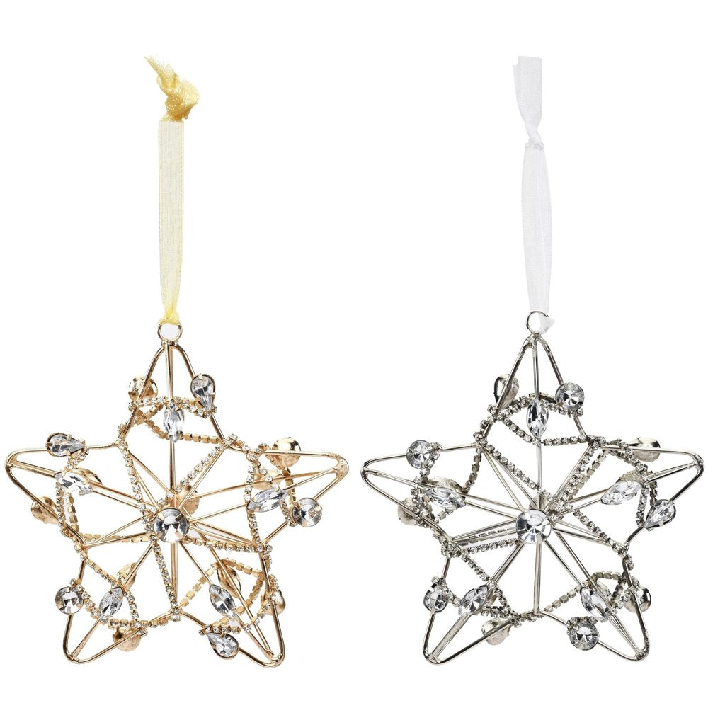 Two star-shaped hanging ornaments, one gold and one silver, adorned with faux crystals on a white background.