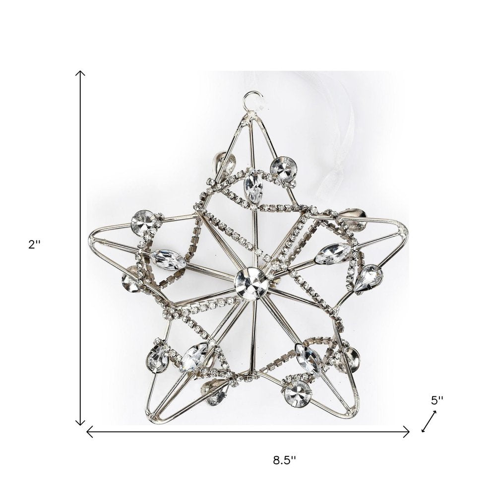 Set of Four Gold And Silver Handmade Faux Crystal And Metal Hanging Star Ornaments on a white background