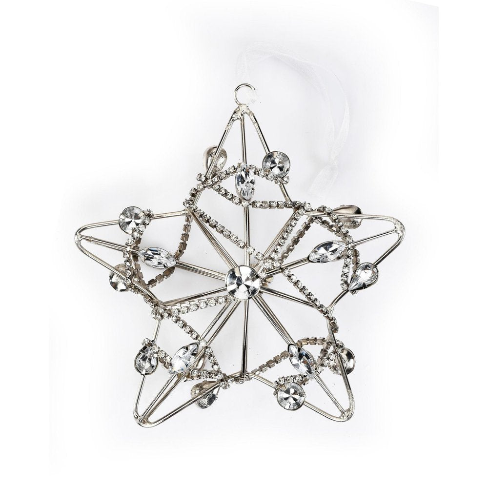 Set of Four Gold And Silver Handmade Faux Crystal And Metal Hanging Star Ornaments on a white background