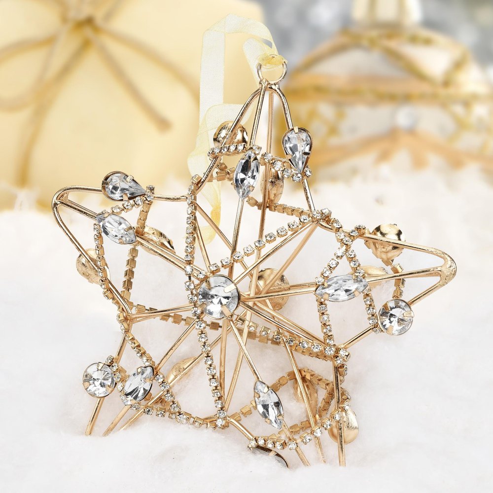 Set of Four Gold And Silver Handmade Faux Crystal And Metal Hanging Star Ornaments on a white background
