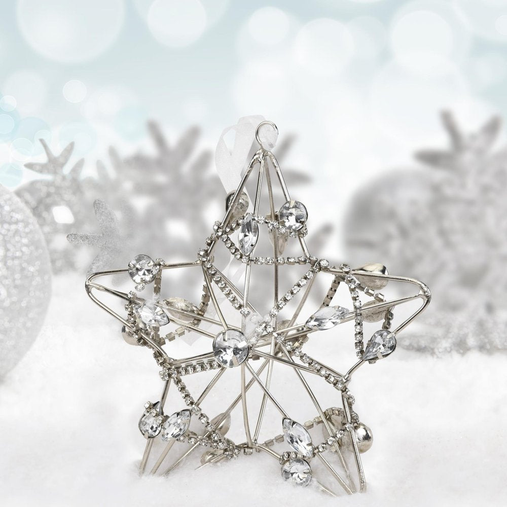 Set of Four Gold And Silver Handmade Faux Crystal And Metal Hanging Star Ornaments on a white background