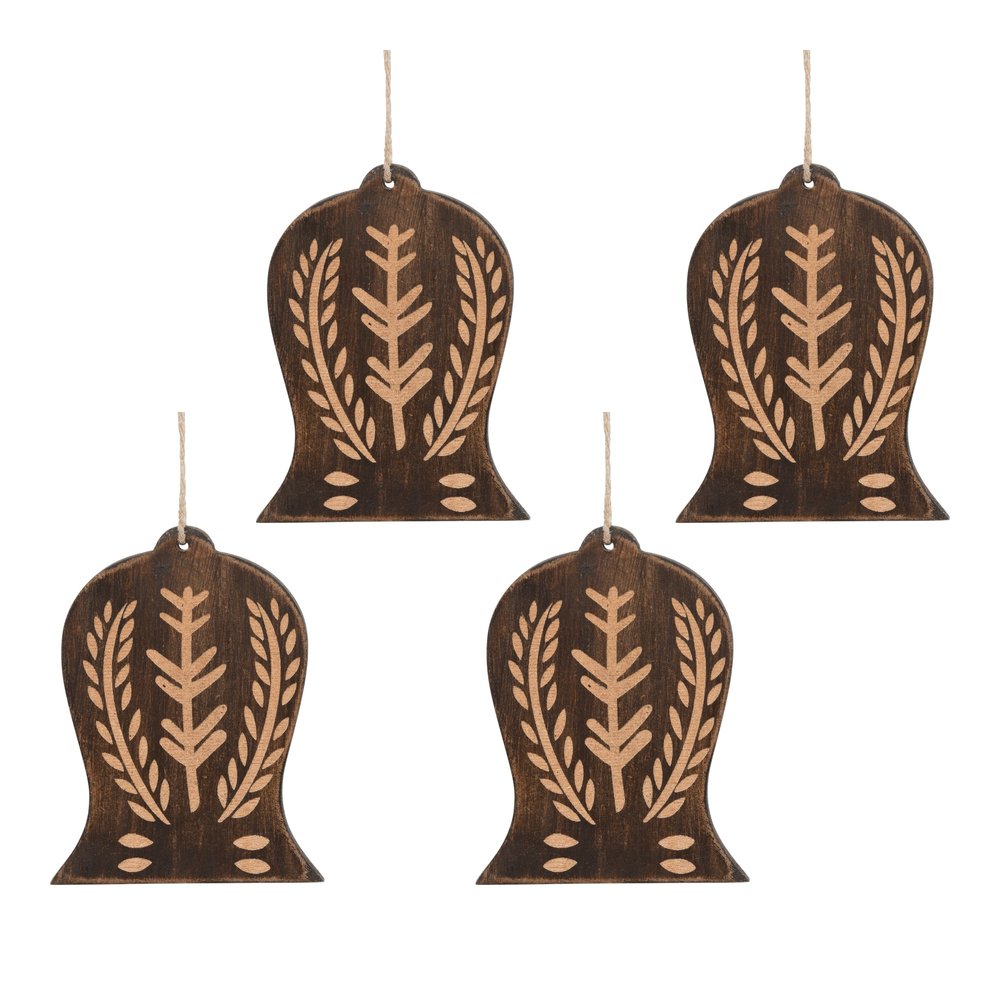 Set of Four Brown Handmade Wood Bell Shaped Ornaments on a white background
