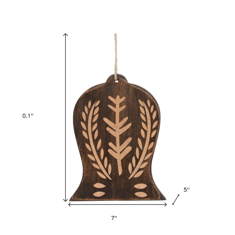 Set of Four Brown Handmade Wood Bell Shaped Ornaments on a white background