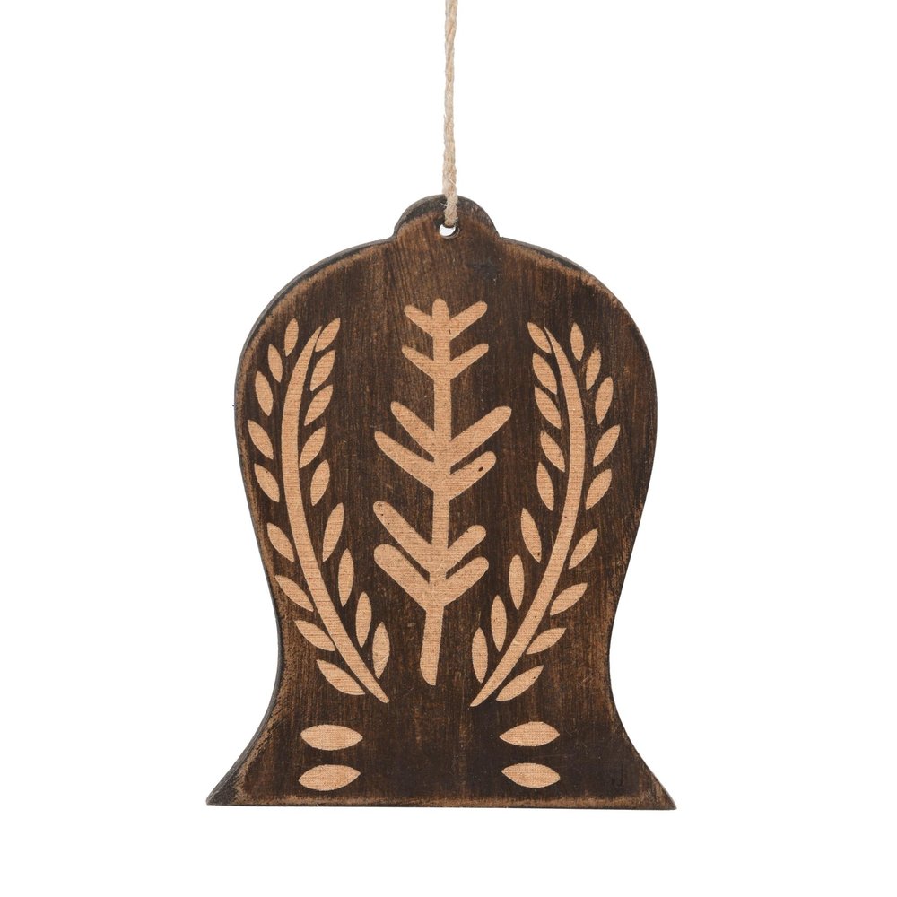 Set of Four Brown Handmade Wood Bell Shaped Ornaments on a white background