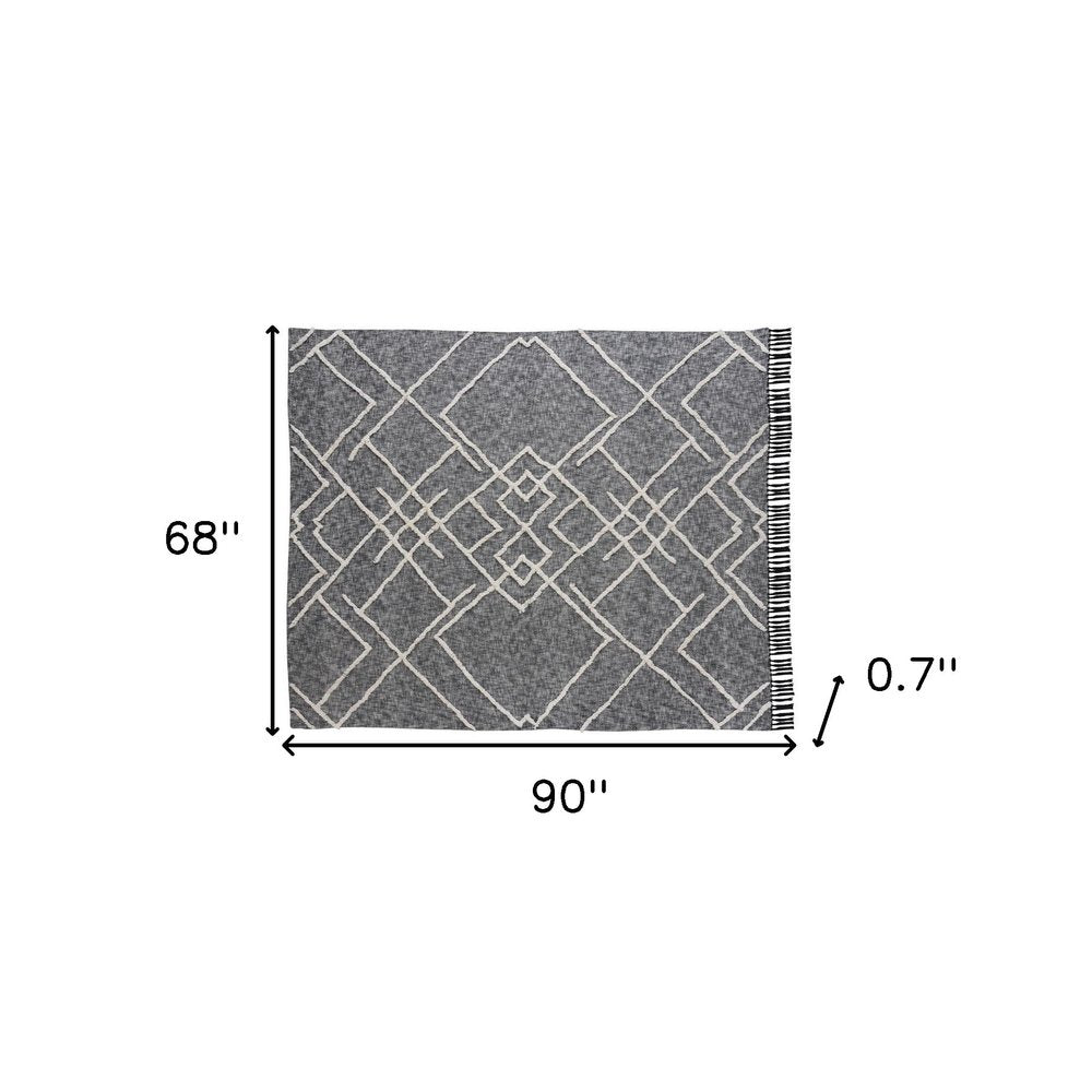 Charcoal and Off White Geometric King Cotton Coverlet With Fringe on a white background