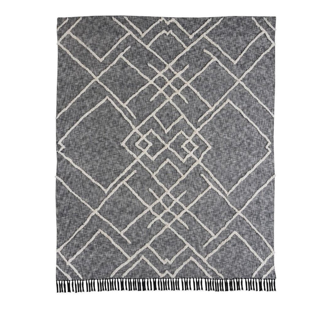 Charcoal and Off White Geometric King Cotton Coverlet With Fringe on a white background
