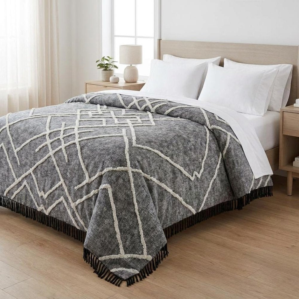 Charcoal and Off White Geometric King Cotton Coverlet With Fringe