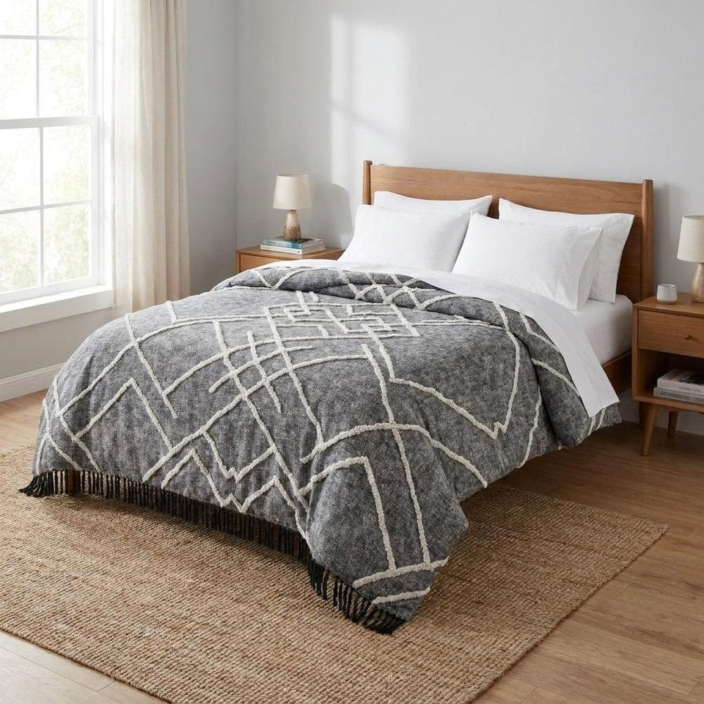 Charcoal and Off White Geometric King Cotton Coverlet With Fringe