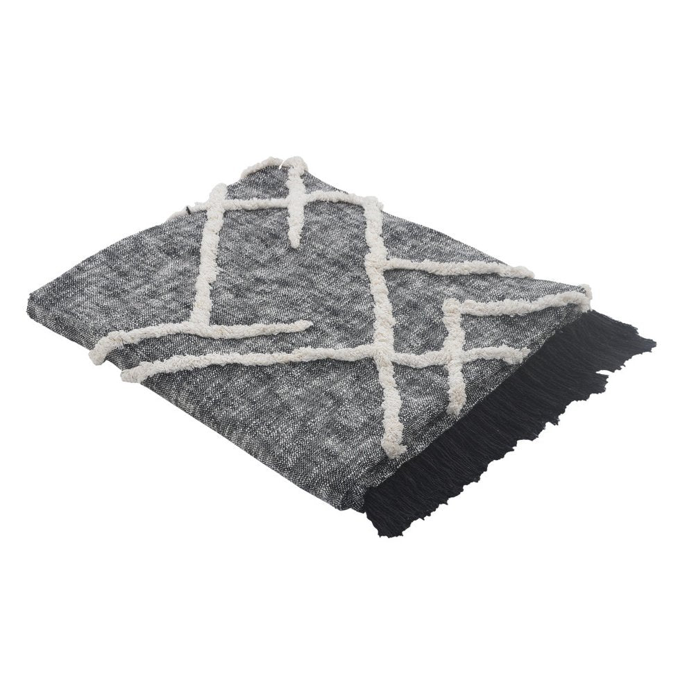 Charcoal and off-white geometric cotton coverlet with fringe, displayed on a white background.