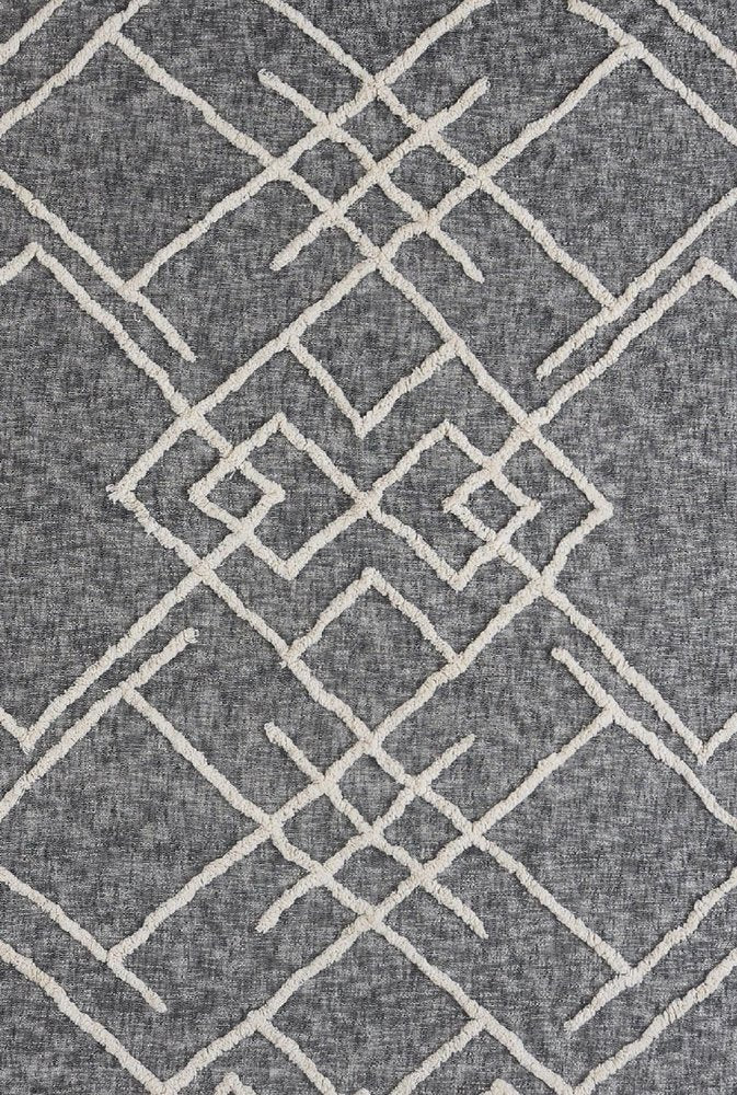 Charcoal and Off White Geometric King Cotton Coverlet With Fringe close-up detail
