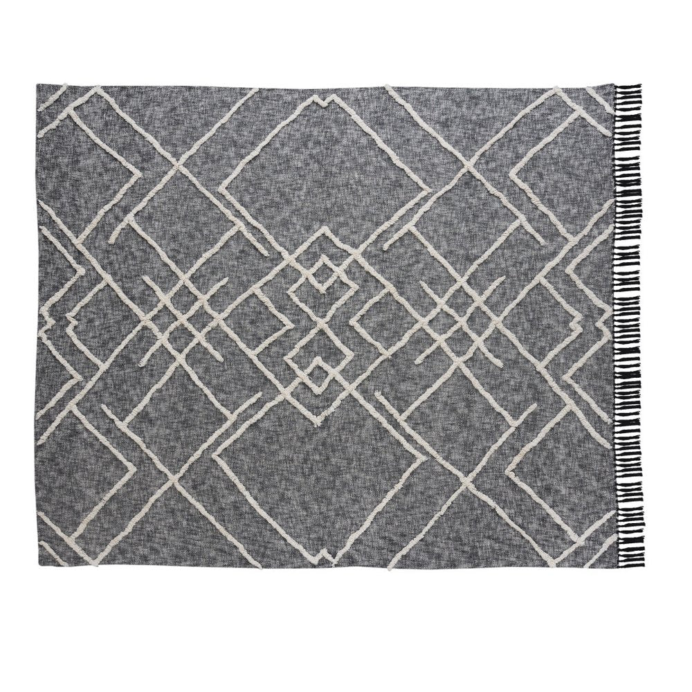 Charcoal and Off White Geometric King Cotton Coverlet With Fringe on a white background