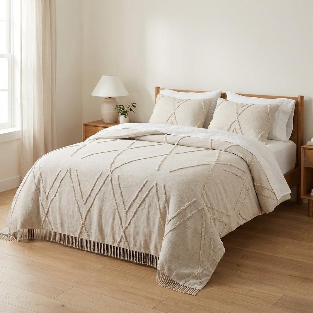 Ivory Geometric Queen Cotton Coverlet in a home interior