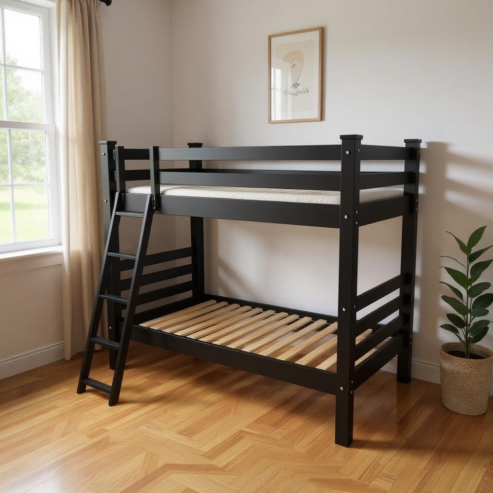 Black Queen Over Queen Solid Wood Bunk Bed in a home interior