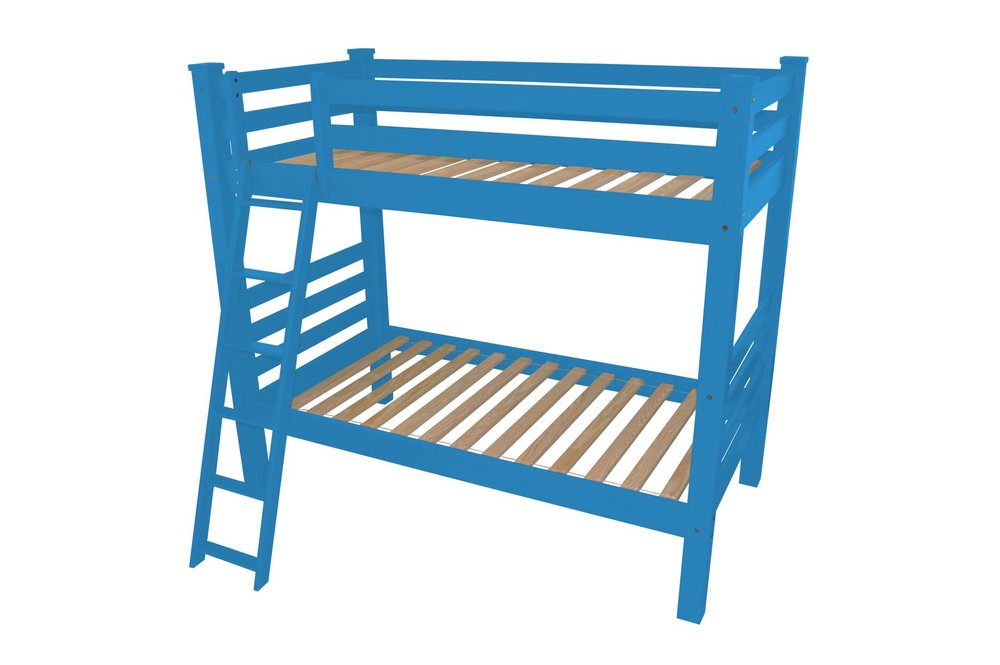 Blue solid wood queen bunk bed with ladder on a white background