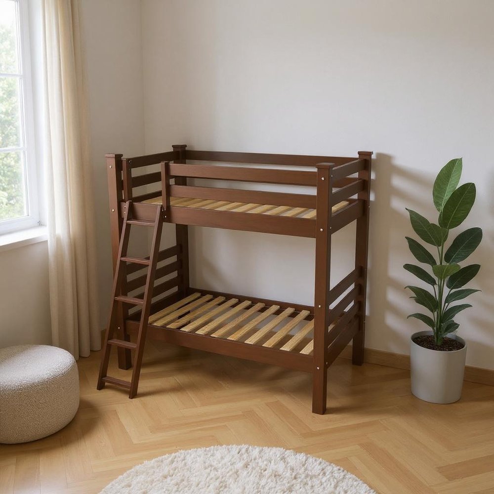 Brown Queen Solid Wood Bunk Bed