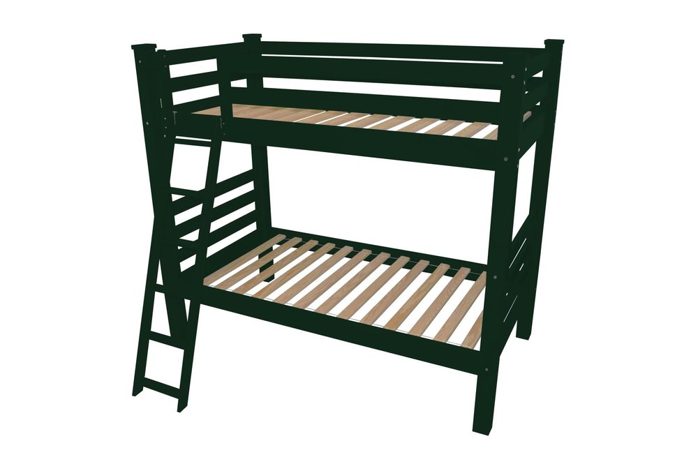 Dark green solid wood bunk bed with a ladder, shown against a white background.