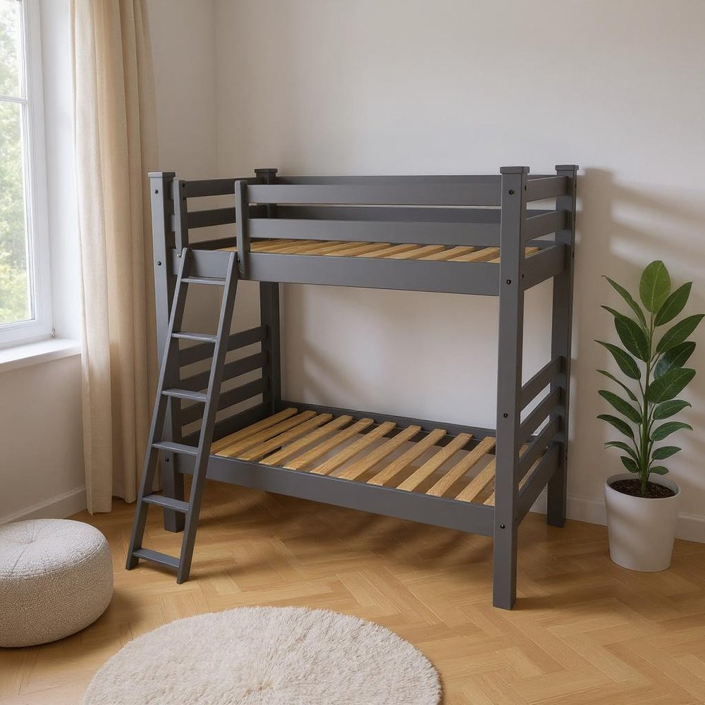 Gray Queen Solid Wood Bunk Bed in a home interior