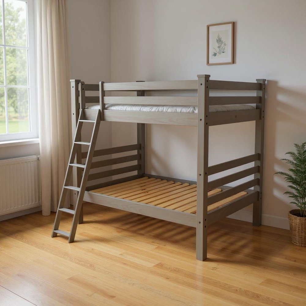 Gray Queen Over Queen Solid Wood Bunk Bed in a home interior