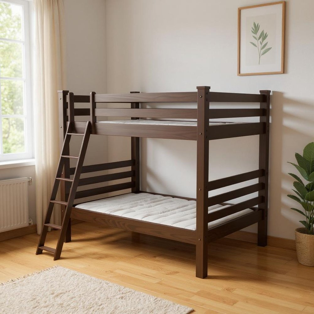 Brown Queen Over Queen Solid Wood Bunk Bed in a home interior